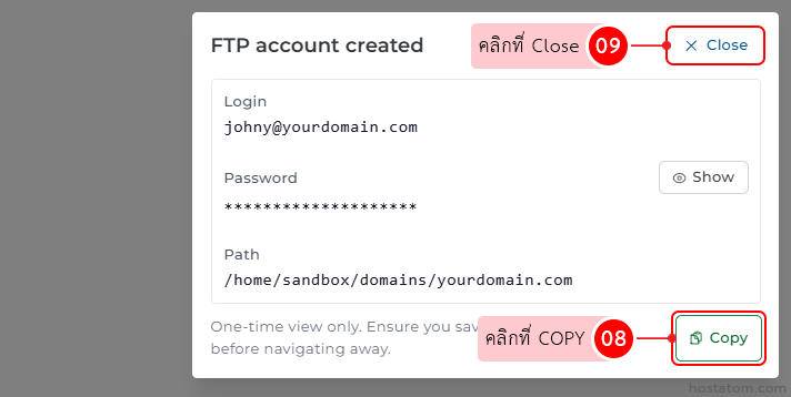 Modal: 'FTP account created' with login 'johny@yourdomain.com', masked password, and path '/home/sandbox/domains/yourdomain.com'; actions: Close (top-right) and Copy (bottom-right).
