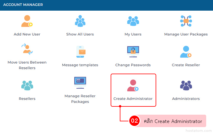 Account Manager dashboard showing a grid of function icons with labels; 'Create Administrator' tile outlined in red, and a red annotation indicating to click it (step 02).