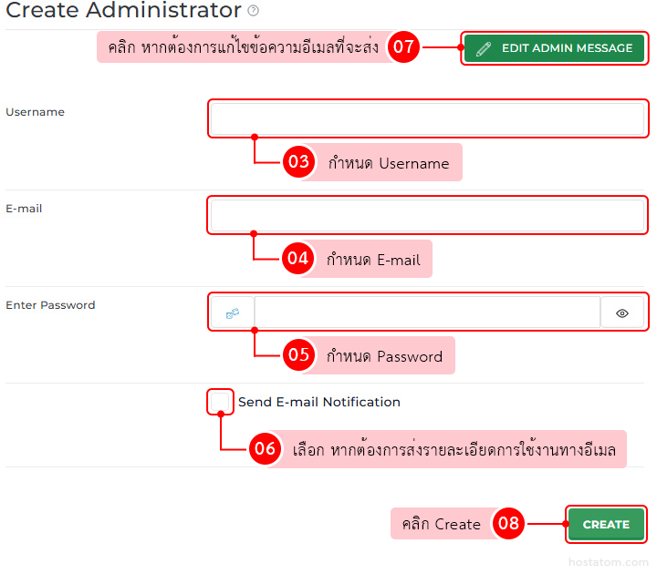 Create Administrator form: Username, E-mail, Password fields, optional Send E-mail Notification, and a green Create button.