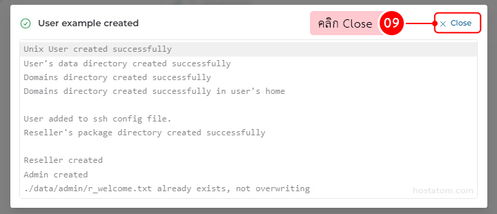 Modal titled 'User example created' displaying success logs (directories and user creation) and a Close button.