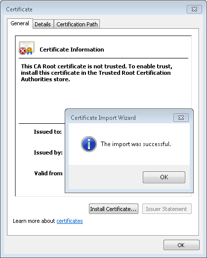 Certificate Import Wizard Successful