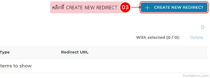 Step 03: blue 'CREATE NEW REDIRECT' button with a plus icon, part of a guided setup.