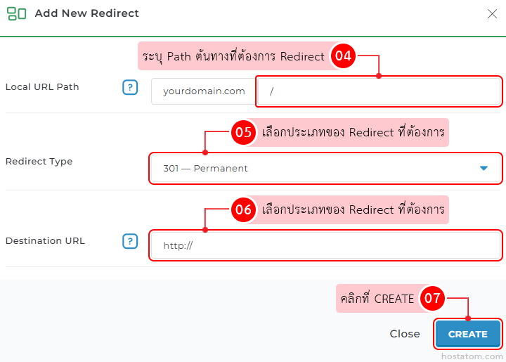 Form to add a new URL redirect: enter Local URL Path, choose Redirect Type (301—Permanent), enter Destination URL, then click Create.