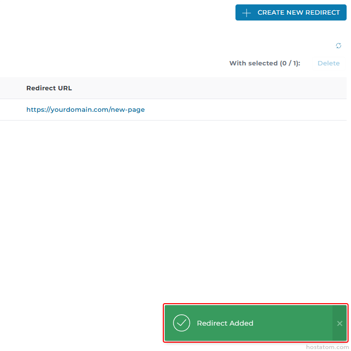 Redirects manager UI showing one URL (https://yourdomain.com/new-page) and a green success banner 'Redirect Added'.