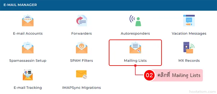 E-mail Manager dashboard with icons for accounts, forwarders, auto-responders, vacation messages, spam filters; Mailing Lists is highlighted with a red border.