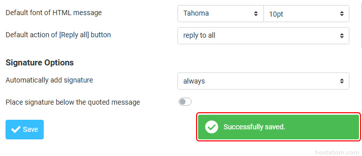 Email signature settings panel with 'Signature Options' and a green 'Successfully saved' banner.