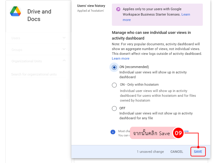 Admin settings panel for Activity Dashboard visibility in Drive and Docs, with ON recommended and Save button highlighted.