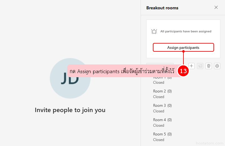 Breakout Rooms panel with the 'Assign participants' button highlighted to assign attendees to rooms.
