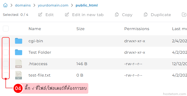 Screenshot of a file manager with four items selected for deletion: cgi-bin, Test Folder, .htaccess, and test-file.txt (left selection column highlighted).