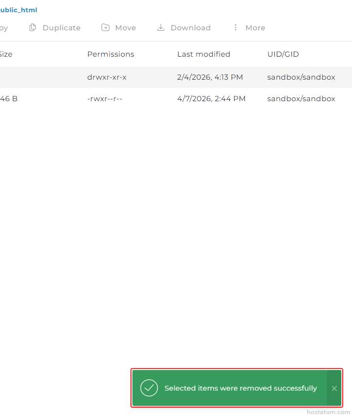 File manager view with two items in the sandbox and a green success toast at the bottom reading 'Selected items were removed successfully'.