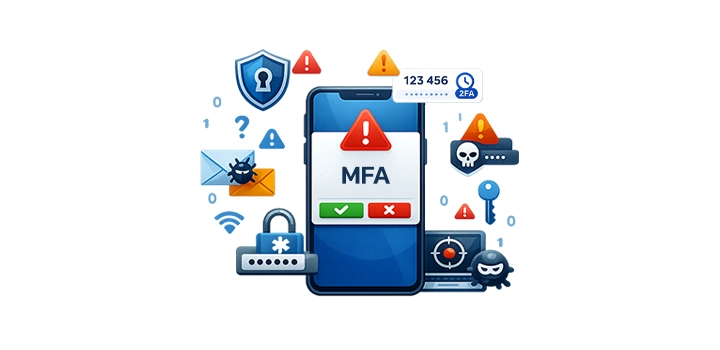 Smartphone displaying an MFA alert with red warning icons amid surrounding security symbols and cyber-threat imagery.