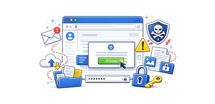 Colorful illustration of a computer browser with security icons (padlock, shield), a warning sign, files, and an on-screen 'Allow' prompt being clicked.