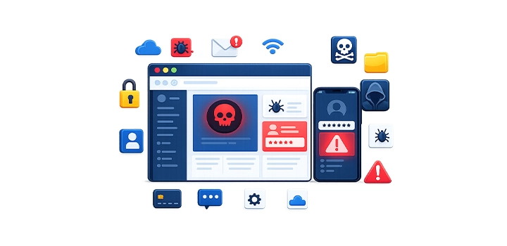 Illustration of a computer screen surrounded by security icons and bug alerts, indicating cybersecurity threats.