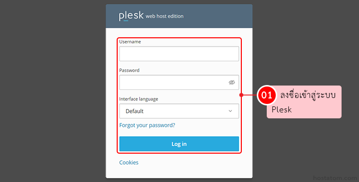 Plesk login modal with Username and Password fields, language dropdown set to Default, and a blue Log in button on a white panel.