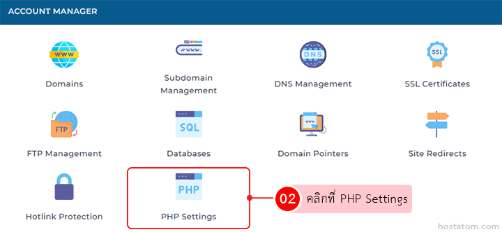 Account Manager dashboard with icons for Domains, Subdomain Management, DNS Management, SSL Certificates, FTP Management, Databases, Domain Pointers, Site Redirects, Hotlink Protection, and PHP Settings highlighted in red (instruction to click PHP Settings).