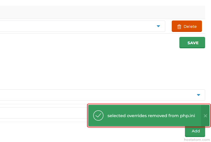 Web admin panel with a Save button, Delete button, and a notification banner: 'selected overrides removed from php.ini'.