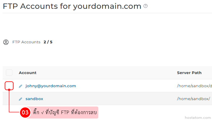 FTP Accounts list showing two accounts: johnny@yourdomain.com and sandbox, with their corresponding server paths.