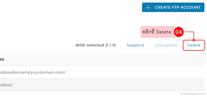 Delete action highlighted for the selected FTP account; a pink Thai tooltip says 'คลิกที่ Delete' with a red '04' badge nearby. Top-right shows 'Create FTP Account'.