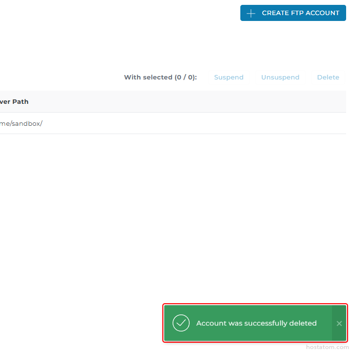 Green success banner at bottom-right that reads 'Account was successfully deleted' with a white checkmark.