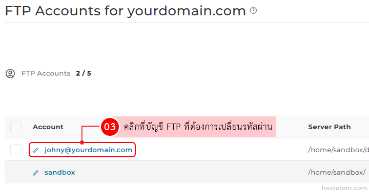 FTP Accounts list with the selected account johnny@yourdomain.com for password change