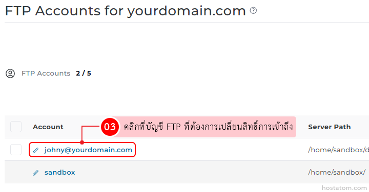 FTP Accounts page for yourdomain.com showing two accounts: johnny@yourdomain.com and sandbox; the first row is selected.