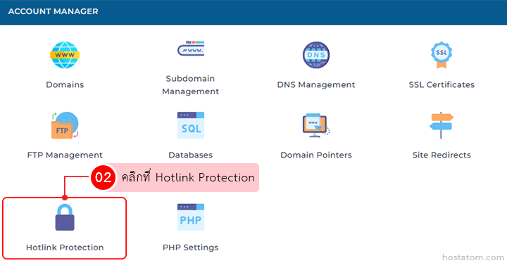 Account Manager grid showing features; Hotlink Protection tile is highlighted with a padlock icon.