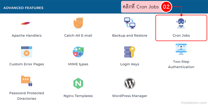 Grid of advanced features; Cron Jobs icon highlighted in the top-right.
