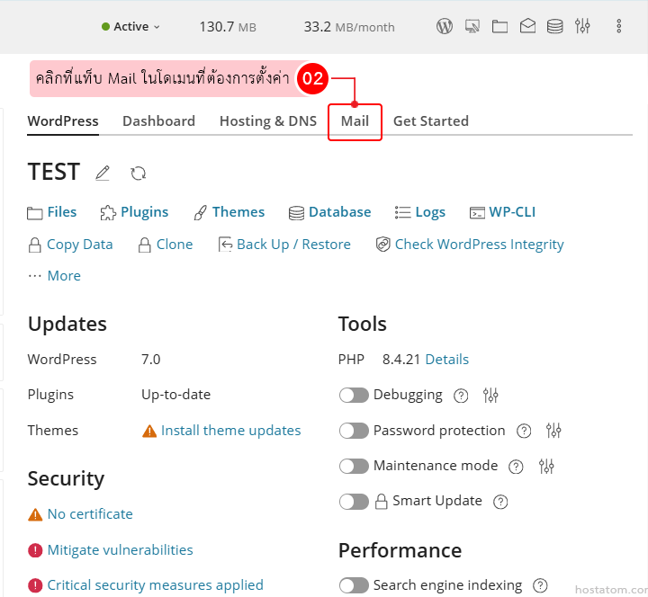 WordPress admin dashboard with the Mail tab highlighted; shows sections Updates, Security, Tools, and Performance beneath.