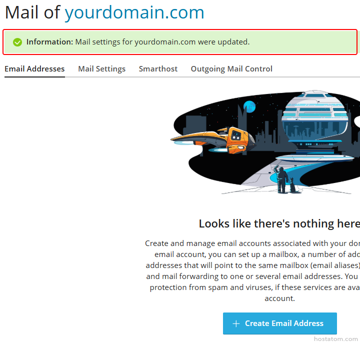 Mail dashboard for yourdomain.com showing an empty mailbox state with a space-themed illustration, the message "Looks like there's nothing here", and a blue "+ Create Email Address" button.