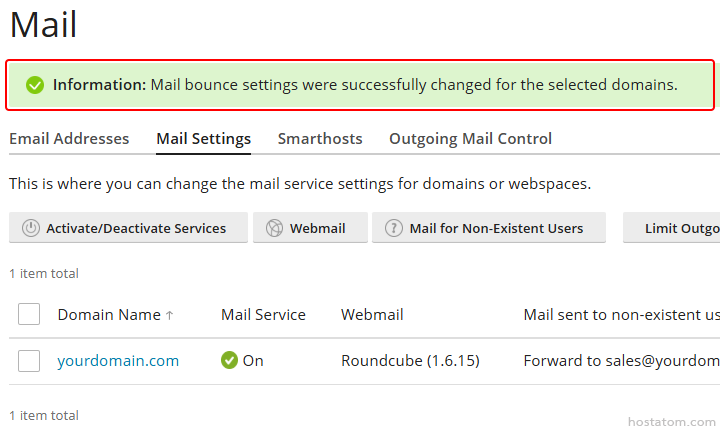 Mail Settings page showing a green success banner about updated bounce settings for the selected domain; domain listed with Mail On and Webmail (Roundcube).