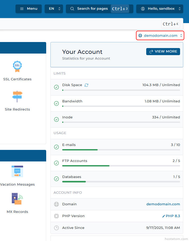 Account dashboard for demodomain.com showing usage: disk space, bandwidth, inodes, emails, FTP accounts, databases, and domain info (PHP version, active since).