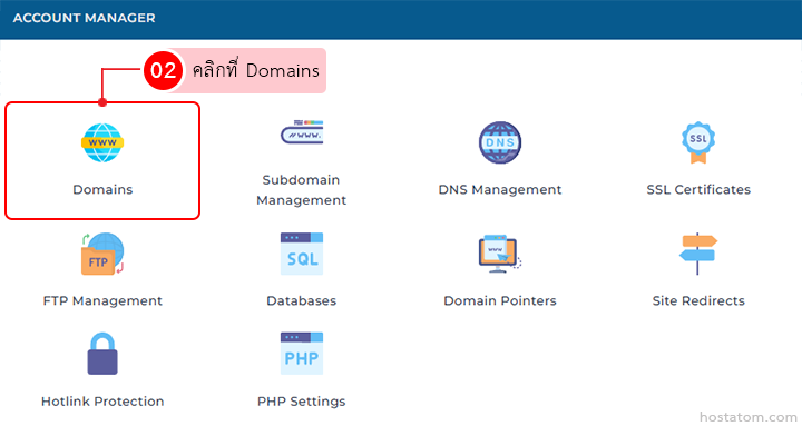 Account Manager dashboard with Domains tile highlighted (red outline) among other options like Subdomain Management and DNS Management