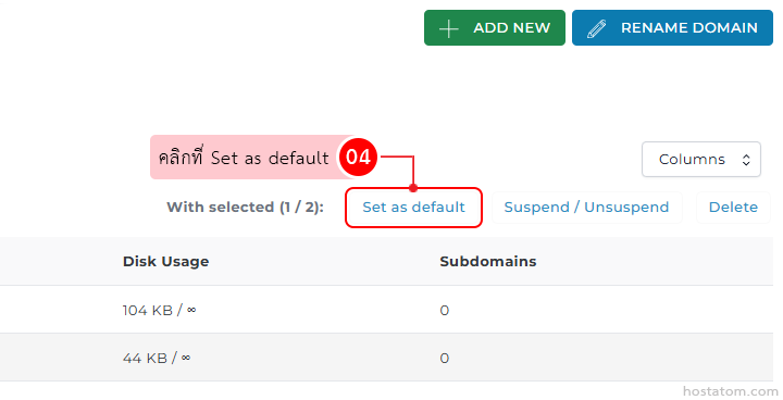 Domain management dashboard: the selected item shows a highlighted 'Set as default' button, with nearby 'Suspend/Unsuspend' and 'Delete' actions and a Disk Usage/Subdomains table.