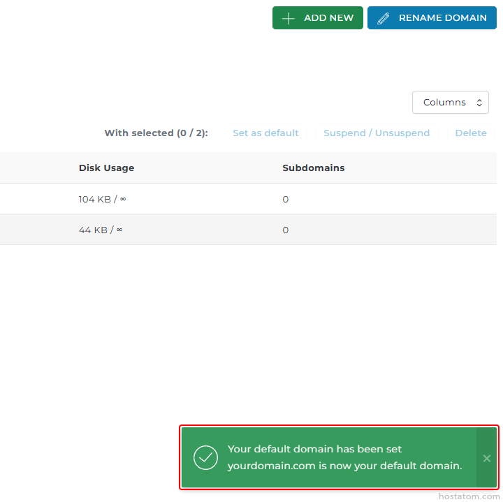 Domain management screen with Add New and Rename Domain buttons, a Disk Usage/Subdomains table, and a green notification stating the default domain has been set.
