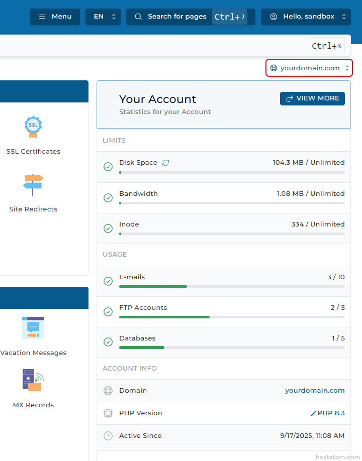 Hosting dashboard showing account stats: left navigation with SSL and redirects; main card titled 'Your Account' displaying usage bars for Disk Space, Bandwidth, Inode, Emails, FTP Accounts, and Databases, plus account info (Domain, PHP Version, Active Since).