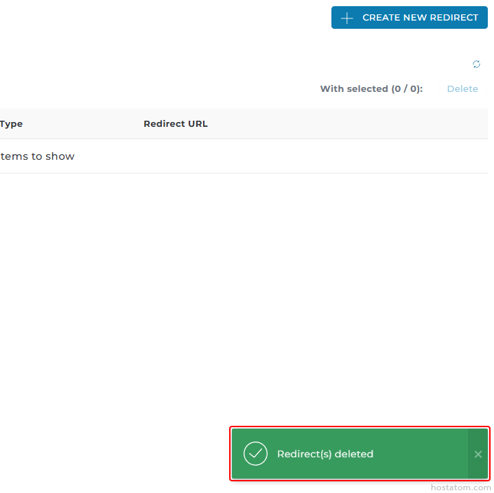 Admin page showing redirect management with a green success banner 'Redirect(s) deleted' bottom-right.