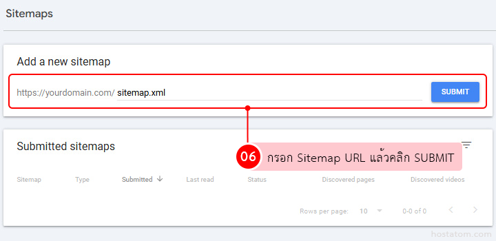 Webmaster tool: input field to add a sitemap URL and a Submit button, with a Submitted sitemaps panel below.