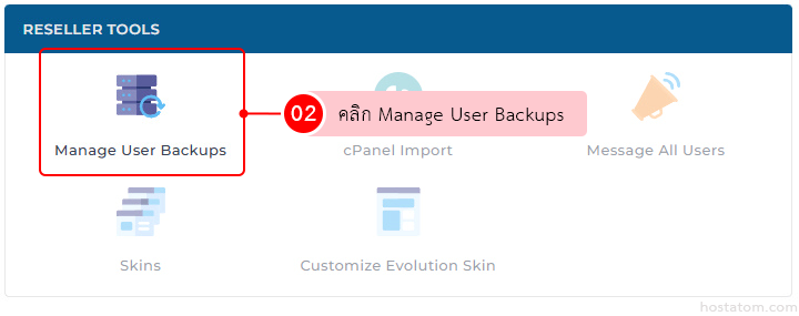 Reseller Tools dashboard; highlighted tile 'Manage User Backups' with a 02 callout, plus cPanel Import, Message All Users, Skins, and Customize Evolution Skin.