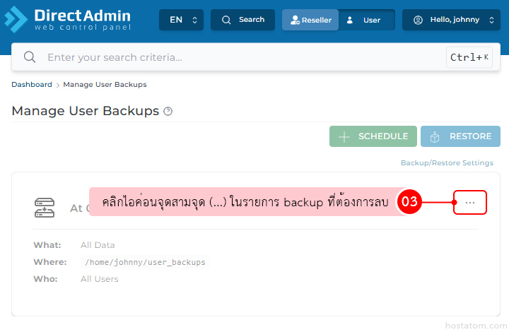 Screenshot of DirectAdmin 'Manage User Backups' page with a pink tooltip explaining to click the three-dot menu on a backup item for options