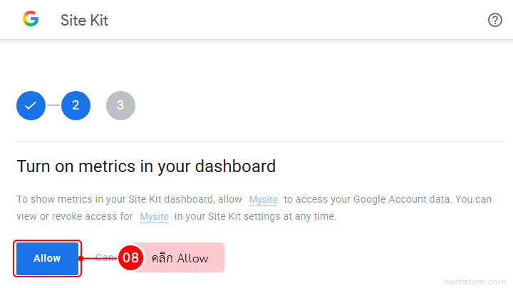 Google Site Kit permission prompt asking to allow access to metrics, with a highlighted blue 'Allow' button