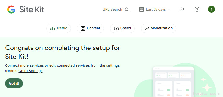 Site Kit setup complete confirmation with a green Got it button and mint background illustration.