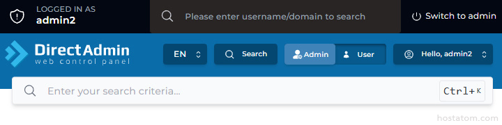 DirectAdmin control panel header: dark top bar showing admin2, blue toolbar with search controls and a large search input labeled Enter your search criteria.