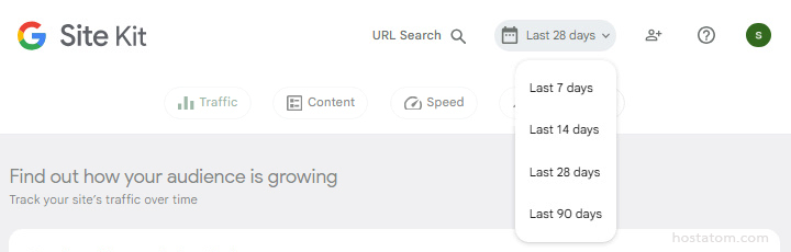 Site Kit dashboard header with Google logo, search, user avatar, and a 'Last 28 days' time-range dropdown.