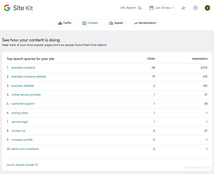 Google Site Kit dashboard showing top search queries with clicks and impressions for the site.