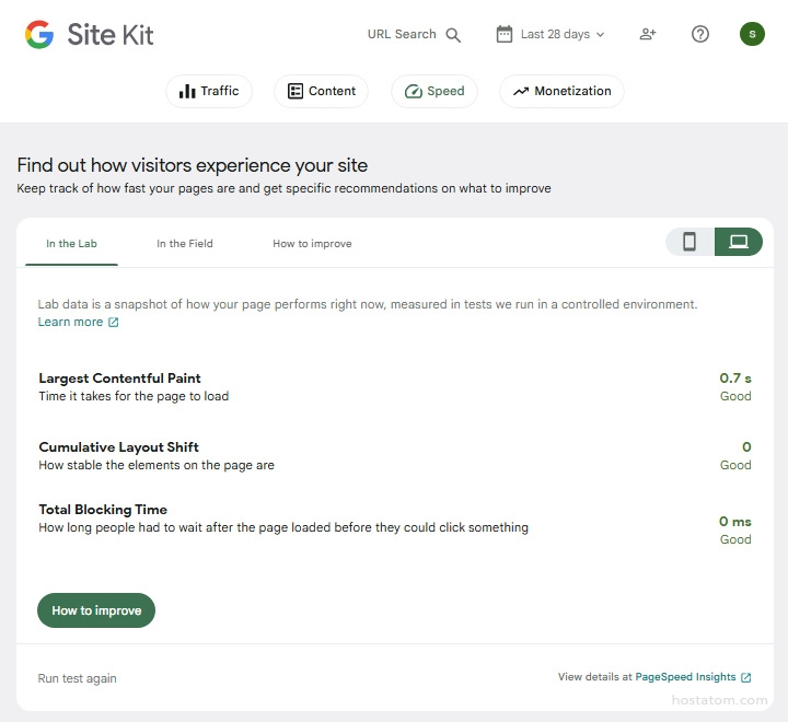 Site Kit dashboard: Find out how visitors experience your site; LCP 0.7s, CLS 0, TBT 0 ms, 'How to improve' button.