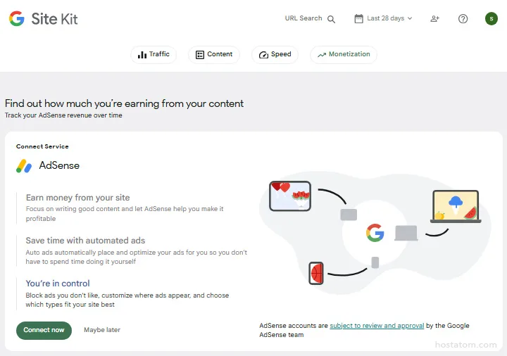 Screenshot of Site Kit AdSense setup highlighting earnings, automated ads, and ad-control options with a Connect button on the left.