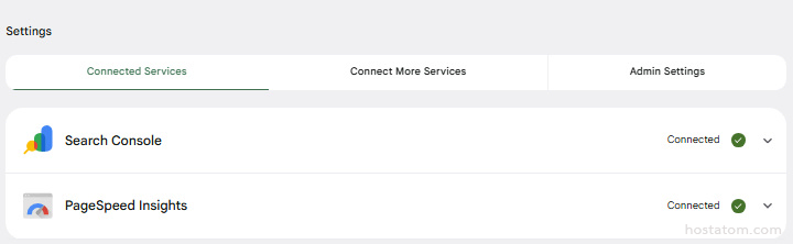 Settings page with tabs (Connected Services selected) and a list showing connected services: 'Search Console' connected, 'PageSpeed Insights' connected.