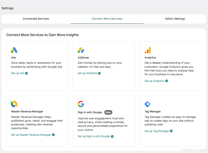 Settings page with Connect More Services tab active, showing six integration cards for Ads, AdSense, Analytics, Reader Revenue Manager, Google Sign-In, and Tag Manager.