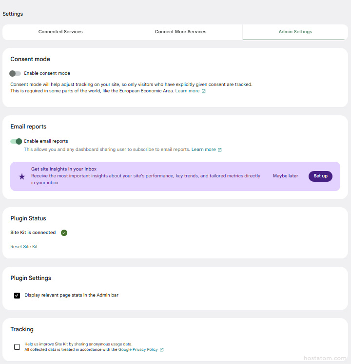 Settings page with tabs for Connected Services, Connect More Services, and Admin Settings; Admin Settings active.
