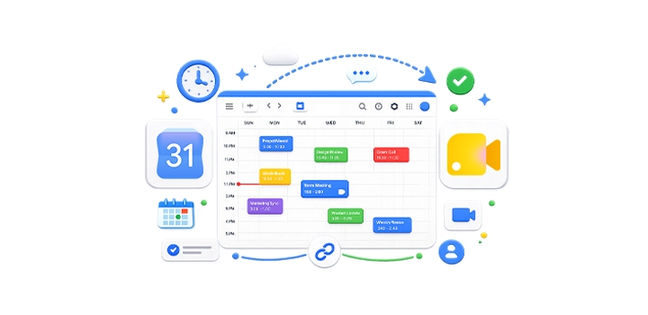 Illustration of a calendar scheduling dashboard with a weekly grid of colored event blocks, surrounded by icons for date, video, chat, and user profile.